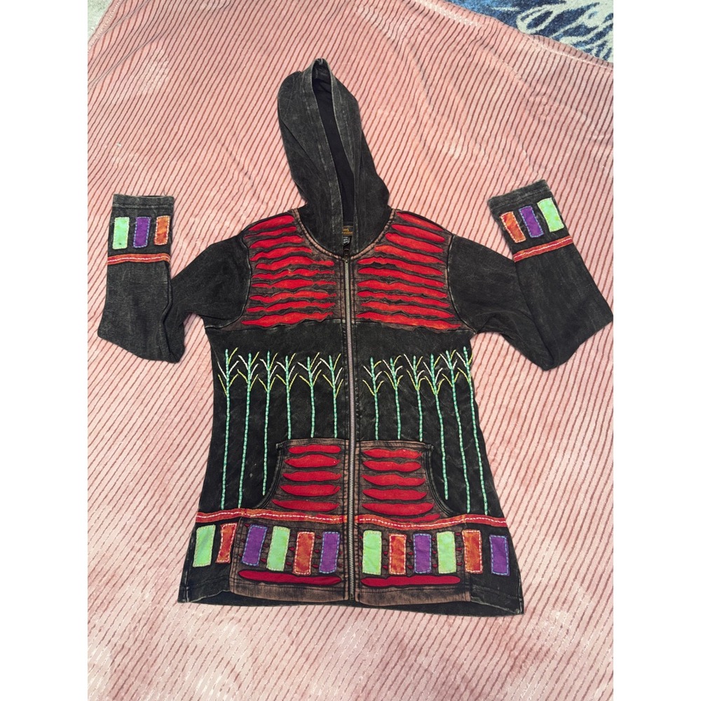 Rising International Acid Wash Patchwork Zip Hoodie Nepal Cotton Womens Medium